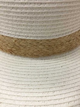 Womens, Straw Hat, N/L, White, Tan Brown, Straw, Solid, Solid White with 1.25" Wide Tan Straw "Band", Rounded Flat Top of Crown, 4.5" Wide Brim, Barcode Heat Pressed Under Inside Grosgrain Hatband