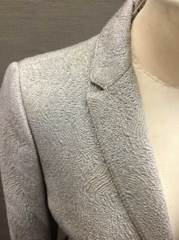 Womens, Suit, Jacket, PIAZZA SEMPIONE, Silver, Taupe, Wool, Silk, Swirl , Medium, 40, Brocade, Single Breasted, Collar Attached,  Notched Lapel, 2 Buttons,  2 Pockets,