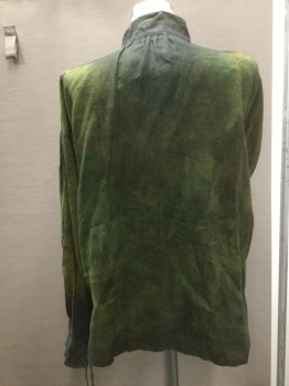 Mens, Tops, MTO, Moss Green, Dk Olive Grn, Rust Orange, Linen, Mottled, Xl, Stand Collar, Pullover, Button Placket with Wooden Bead Buttons, Long Sleeves, with Tied Ruffle Cuffs, Gathers at Front/back/shoulder, Crunchy with Paint at Collar and Cuffs