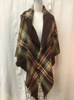 N/L, Brown, Rust Orange, Cream, Mustard Yellow, Olive Green, Wool, Plaid, Scratchy Wool, Moth Eaten, Unfinished Triangle of Medium Weight Loose Weave Cloth,
