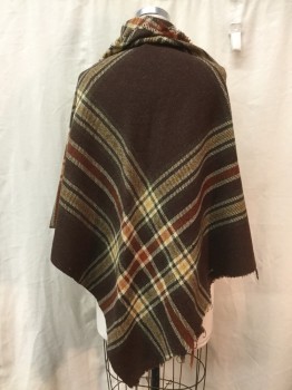 N/L, Brown, Rust Orange, Cream, Mustard Yellow, Olive Green, Wool, Plaid, Scratchy Wool, Moth Eaten, Unfinished Triangle of Medium Weight Loose Weave Cloth,