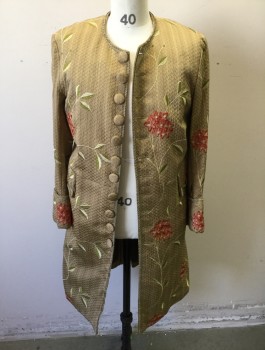Mens, Historical Fiction Piece 1, SERJ MTO, Champagne, Sage Green, Beige, Cranberry Red, Silk, Cotton, Floral, 40, Coat & Vest Set, Champagne Brocade with Self Diamond Texture, Floral Embroidery, Gold Metallic Lace Trim, Self Fabric Buttons at Front, 2 Decorative "Pocket" Flaps, Folded Cuffs, Made To Order