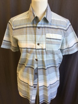 VOLCOM, Baby Blue, Charcoal Gray, Teal Blue, Maroon Red, Lt Gray, Cotton, Stripes - Horizontal , (DOUBLE) Collar Attached, Button Front, 1 Pocket, Short Sleeves,