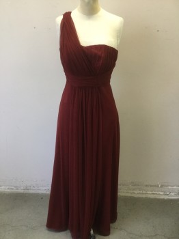 LA SERA, Wine Red, Polyester, Solid, Strapless with One Shoulder Poly Netting, Pleated Bust and Waist Band, Shearing Panel Overlay Front, Back Zip
