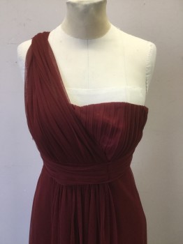 LA SERA, Wine Red, Polyester, Solid, Strapless with One Shoulder Poly Netting, Pleated Bust and Waist Band, Shearing Panel Overlay Front, Back Zip