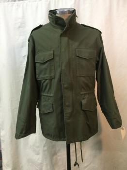 NO LABEL, Olive Green, Cotton, Polyester, Solid, Olive, Zip & Button Front, 4 Pockets, Drawstring Waist & Hem, Epaulets, Attachable Hood