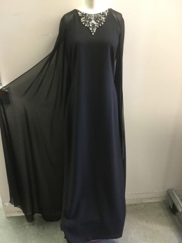 VINCE CAMUTO, Black, Polyester, Viscose, Solid, Sleeveless, Chiffon Cape Attached, Center Back Zipper, Rhinestone and Gem Neck Detail, Retro 1960s