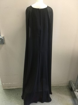 VINCE CAMUTO, Black, Polyester, Viscose, Solid, Sleeveless, Chiffon Cape Attached, Center Back Zipper, Rhinestone and Gem Neck Detail, Retro 1960s
