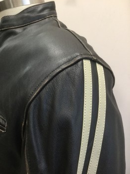 X ELEMENT, Black, Lt Gray, Leather, Solid, Stripes, Black Leather with 2 Light Gray Leather Stripes at Sleeve Outseams, Zip Front, 3 Zip Pockets, Round Neck with 1" Neckband, Stiff/Heavy Padded Shoulders