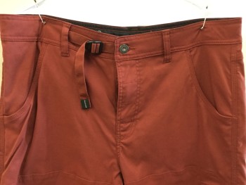 PRANA, Dk Orange, Poly/Cotton, Lycra, Solid, Shorts, Brick Red, Cargo, Flat Front, Zip Front, 5 Pockets