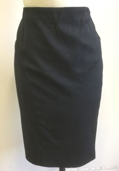 EMPORIO ARMANI, Black, Wool, Polyester, Solid, Pencil Skirt, Darts at Either Side of Waist and Curved Seams Along Hips, Invisible Zipper at Center Back Waist, Slit at Center Back Hem