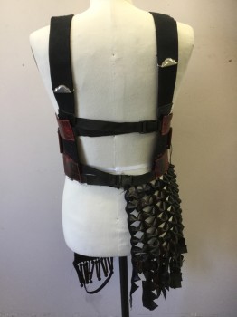 Unisex, Sci-Fi/Fantasy Armour, MTO, Red Burgundy, Black, Leather, Wood, Reptile/Snakeskin, 40, Lace Up Front, Nylon Buckle Straps Back, Suspenders, All Adjustable, Wood Beads Cover the Thighs with Elastic Strap at Knee, Loin Cloth Made of Leather Butterfly Pieces, 'Snake' Skin Texture at Belt Portion. Missing It's Back Left Section of Leather, Double Fc045741
