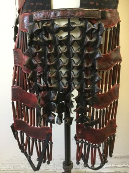 Unisex, Sci-Fi/Fantasy Armour, MTO, Red Burgundy, Black, Leather, Wood, Reptile/Snakeskin, 40, Lace Up Front, Nylon Buckle Straps Back, Suspenders, All Adjustable, Wood Beads Cover the Thighs with Elastic Strap at Knee, Loin Cloth Made of Leather Butterfly Pieces, 'Snake' Skin Texture at Belt Portion. Missing It's Back Left Section of Leather, Double Fc045741