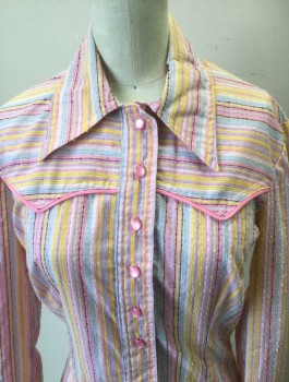 N/L, Lt Pink, Yellow, Pink, Lt Blue, Cranberry Red, Cotton, Stripes - Vertical , Thin Striped Pattern with Dotted Swiss 3D Dot Texture, Long Sleeves, 6 Pink Plastic Buttons, Placket Goes to Waist, Collar Attached, Western Style Yoke with Pink Piping, Raw Edge at Hem