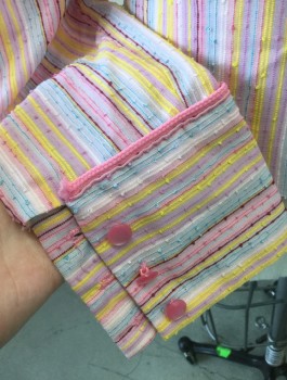 N/L, Lt Pink, Yellow, Pink, Lt Blue, Cranberry Red, Cotton, Stripes - Vertical , Thin Striped Pattern with Dotted Swiss 3D Dot Texture, Long Sleeves, 6 Pink Plastic Buttons, Placket Goes to Waist, Collar Attached, Western Style Yoke with Pink Piping, Raw Edge at Hem