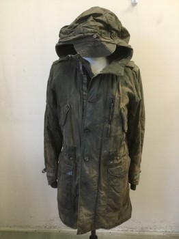 Mens, Coat, RALPH LAUREN, Olive Green, Tan Brown, Cotton, Solid, M, Treated Cotton, Hood with Visor, Epaulets, 4 Pocket Flaps,1 Zip Pockets, Distressed and Aged, Quilted Black Lining