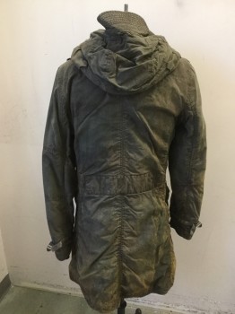 RALPH LAUREN, Olive Green, Tan Brown, Cotton, Solid, Treated Cotton, Hood with Visor, Epaulets, 4 Pocket Flaps,1 Zip Pockets, Distressed and Aged, Quilted Black Lining