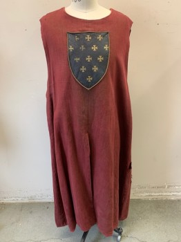 Mens, Historical Fiction Tunic, NL, Red Burgundy, Cotton, OS, Knight Tunic, Pullover, Sleeveless, Black & Gold Suede Crest on Front & Back, Center Slit on Front and Back  *Distressed