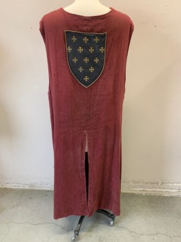 Mens, Historical Fiction Tunic, NL, Red Burgundy, Cotton, OS, Knight Tunic, Pullover, Sleeveless, Black & Gold Suede Crest on Front & Back, Center Slit on Front and Back  *Distressed