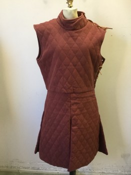 Mens, Historical Fiction Tunic, MTO, Sienna Brown, Cotton, Solid, 40, Under Armor Padding, Quilted Vertical Stitching, Stand Collar, Sleeveless, Brown Leather Thong Lacing at Left Side and Left Shoulder Seam, Knee Length Tunic with Paneled Bottom with Slits/Vents, Made To Order
