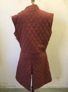 Mens, Historical Fiction Tunic, MTO, Sienna Brown, Cotton, Solid, 40, Under Armor Padding, Quilted Vertical Stitching, Stand Collar, Sleeveless, Brown Leather Thong Lacing at Left Side and Left Shoulder Seam, Knee Length Tunic with Paneled Bottom with Slits/Vents, Made To Order