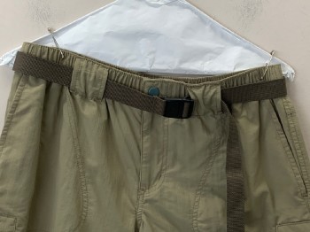COLUMBIA, Taupe, Polyester, Solid, Elastic Waist, Zip Front, 4 Pockets Including Cargo Pockets, With Belt,  Brown Webbed with Black Buckle