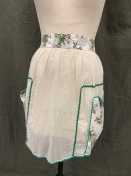 Womens, Apron, N/L, White, Green, Purple, Cotton, Solid, Floral, O/S, White Sheer, Green Ricrack Trim, Floral Waistband and 2 Pockets, Tie Back,