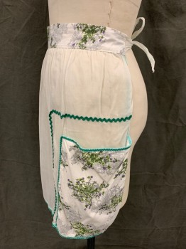 N/L, White, Green, Purple, Cotton, Solid, Floral, White Sheer, Green Ricrack Trim, Floral Waistband and 2 Pockets, Tie Back,