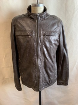 DANIER, Brown, Leather, Solid, Zip Front, 2 Zip Pockets, 2 Side Pocket, Collar Attached, Snap Cuffs