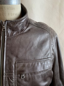 DANIER, Brown, Leather, Solid, Zip Front, 2 Zip Pockets, 2 Side Pocket, Collar Attached, Snap Cuffs