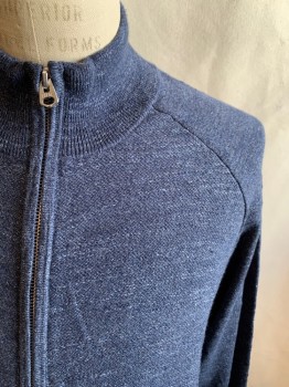 J CREW, Navy Blue, Cotton, Heathered, Zip Front, High Neck, Ribbed Knit Neck/Waistband/Cuff, Raglan Long Sleeves, 2 Pockets
