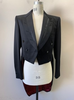 Mens, Tailcoat 1890s-1910s, MARTIN NICHOLLS, Black, Wool, 42, Satin Peaked Lapel with Self Stripe, Double Breasted, 4 Buttons, Plastic Buttons, Open Front