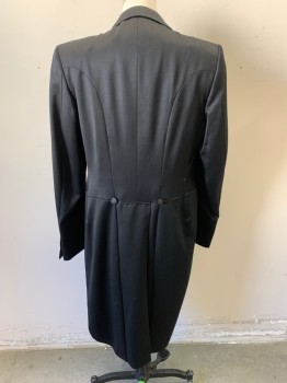 Mens, Tailcoat 1890s-1910s, MARTIN NICHOLLS, Black, Wool, 42, Satin Peaked Lapel with Self Stripe, Double Breasted, 4 Buttons, Plastic Buttons, Open Front