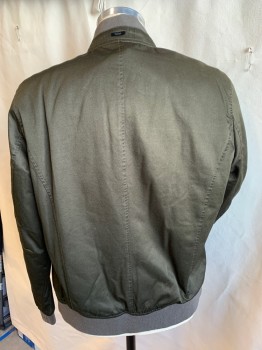 FARWEST, Dk Olive Grn, Gray, Polyester, Cotton, Solid, Light Puffy Dark Olive with Light Gray Rectangle Quilt, Ribbed Knit Gray Collar Attached, Long Sleeves (1 Pocket with Zipper on Left Arm) Cuffs & Hem, Zip Front, 2 Slant Pockets with Flap