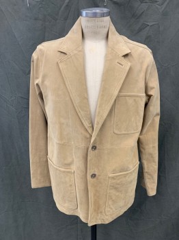 TRAVEL SMITH, Tan Brown, Suede, Solid, Single Breasted, Collar Attached, Notched Lapel, 3o Kimono Sleeves