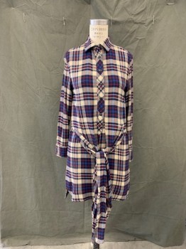RAG & BONE, Navy Blue, Taupe, Red, Blue, Viscose, Wool, Plaid, , 1/2 Placket, Collar Attached, Long Sleeves, Button Cuff, Extra Front with Self Tie