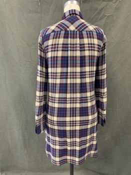 RAG & BONE, Navy Blue, Taupe, Red, Blue, Viscose, Wool, Plaid, , 1/2 Placket, Collar Attached, Long Sleeves, Button Cuff, Extra Front with Self Tie