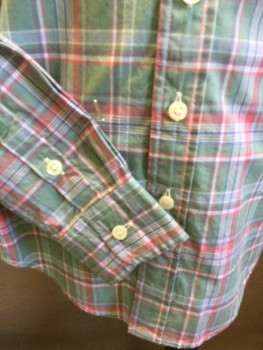 POLO, Green, Salmon Pink, Slate Blue, Gray, Baby Blue, Cotton, Plaid, Plaid-  Windowpane, Faded Mint Green. Collar Attached, Button Down, Button Front, Long Sleeves, Curved Hem