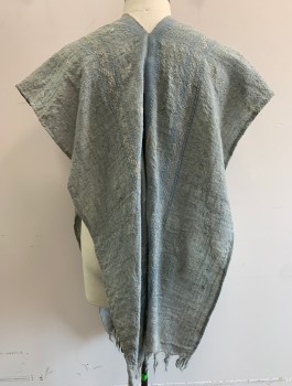 Unisex, Historical Fiction Robe , N/L MTO, Slate Blue, Powder Blue, Hemp, Geometric, O/S, Rough/Coarse Woven Material with Embroidered and Printed Pattern, Open at Center Front with No Closures, Open Sides, Very Faded/Aged, Self Tassles at Hem