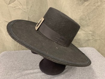 Mens, Historical Fiction Hat , N/L, Black, Wool, Solid, 6 5/8, Flat Crown, Flat Wide Brim with Braided Ribbon Trim, Faille Hat Band, Large Silver Etched Rectangular Buckle, 3 Musketeers, Spanish