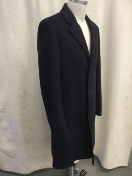 RALPH LAUREN, Midnight Blue, Wool, Nylon, Solid, Notched Lapel, Single Breasted, 3 Button Closure, 2 Side Entry Pockets, Center Back Vent, At the Knee Length
