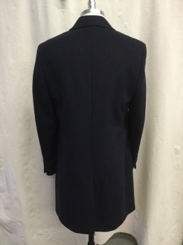RALPH LAUREN, Midnight Blue, Wool, Nylon, Solid, Notched Lapel, Single Breasted, 3 Button Closure, 2 Side Entry Pockets, Center Back Vent, At the Knee Length