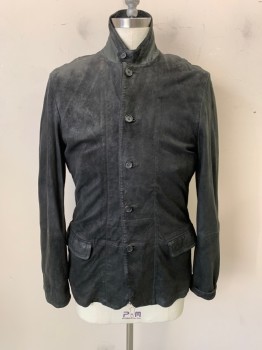 ALL SAINTS, Black, Suede, Solid, Stand Collar with Tab and Button, Single Breasted, Button Front, Long Sleeves, 2 Pockets, Black & Gray Herringobe Faux Button Down Shirt Attached