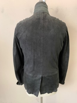 ALL SAINTS, Black, Suede, Solid, Stand Collar with Tab and Button, Single Breasted, Button Front, Long Sleeves, 2 Pockets, Black & Gray Herringobe Faux Button Down Shirt Attached