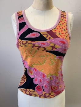 Womens, Tank Top, CUSTO, Multi-color, Cotton, Viscose, Paisley/Swirls, Abstract , S, Silver Mesh See Through Back, Jersey Fabric, Vintage