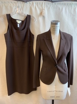 MICHAEL KORS, Dk Brown, Wool, Spandex, Solid, 1 Button Front, Peaked Lapel, 2 Pockets,