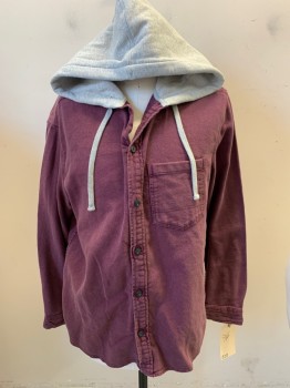 Mens, Casual Shirt, BDG, Red Burgundy, Lt Gray, Cotton, Polyester, Faded, Color Blocking, S, Long Sleeves, Button Front, Ltgray Hood Attached, 1 Pocket,