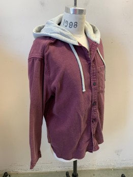BDG, Red Burgundy, Lt Gray, Cotton, Polyester, Faded, Color Blocking, Long Sleeves, Button Front, Ltgray Hood Attached, 1 Pocket,