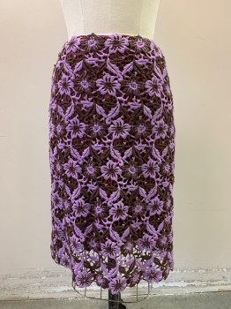 Womens, Skirt, Below Knee, BETSEY JOHNSON, Purple, Brown, Acrylic, Floral, M, Crochet Pattern, Brown Lining,  Zip Back