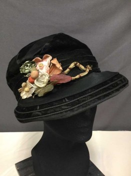 Womens, Hat 1890s-1910s, NO LABEL, Black, Olive Green, Pink, Beige, Synthetic, Velvet, Fabric Flowers, Leaves and Berries Appliqué, Front and Side Brim,